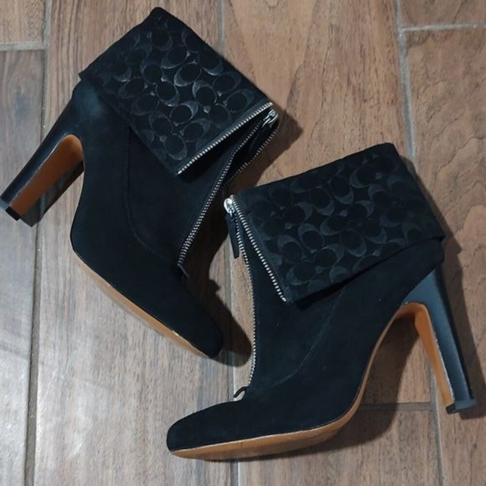Coach Hayley 8 black suede leather logo bootie fold over heels - Picture 4 of 13